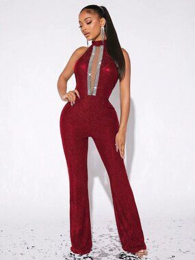 SHEIN SXY Open Back Rhinestone and Pearl Halter Neck Backless Jumpsuit